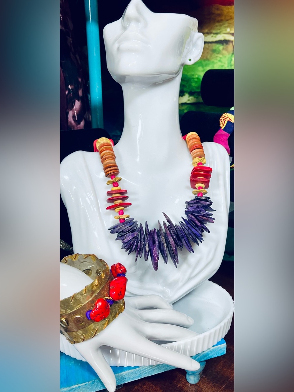 Funky Vintage Wooden Necklace with Matching Handmade Bracelet